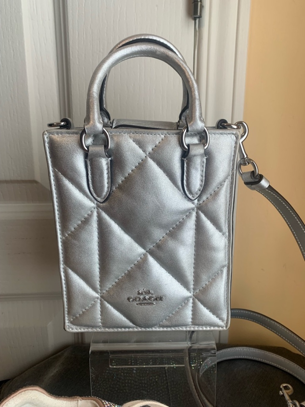 Coach Metallic Silver Quilted Mini Tote Crossbody
